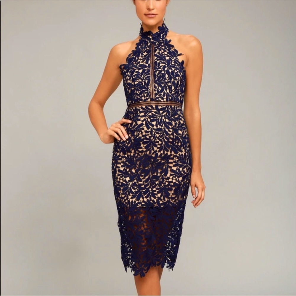 Lulus Divine Destiny Navy Blue & Nude Lace Midi Dress